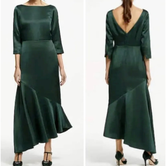 Boden Dresses & Skirts - BODEN Rebecca Satin Midi/Maxi Dress Dark Green Asymmetrical Hem Mermaid Size 6P